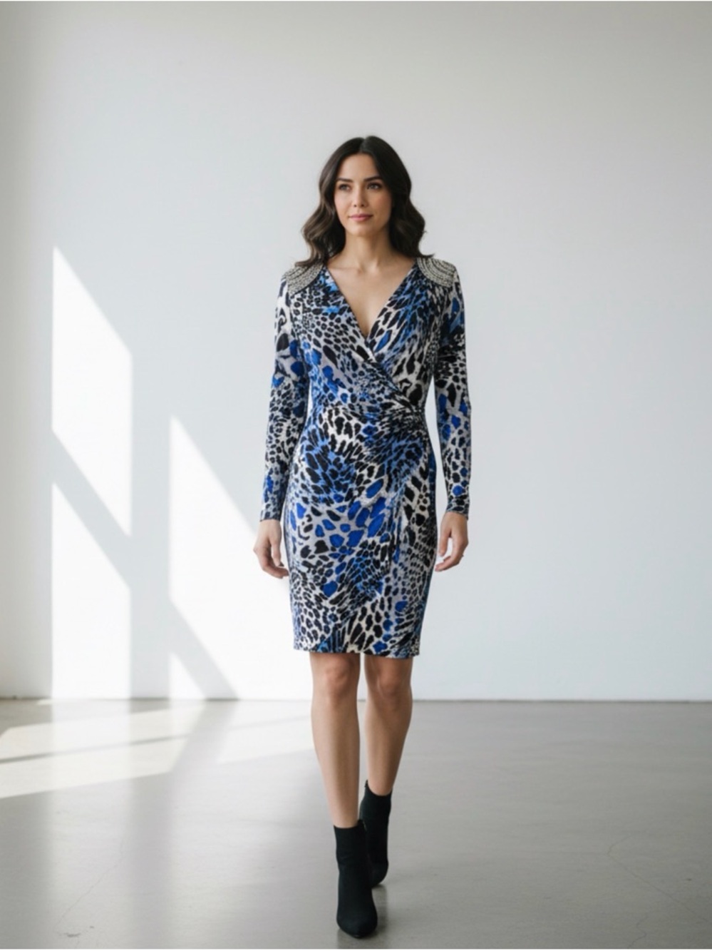 Cache Blue and Black Animal-Print Long Sleeve faux Wrap Dress